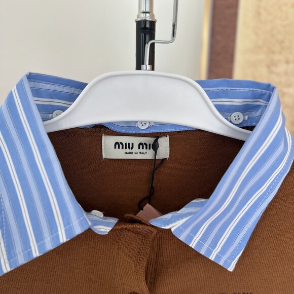 NWT Women's Brown Wool Miu Miu Cardigan with Blue Striped Collar Sz L - Picture 6 of 7